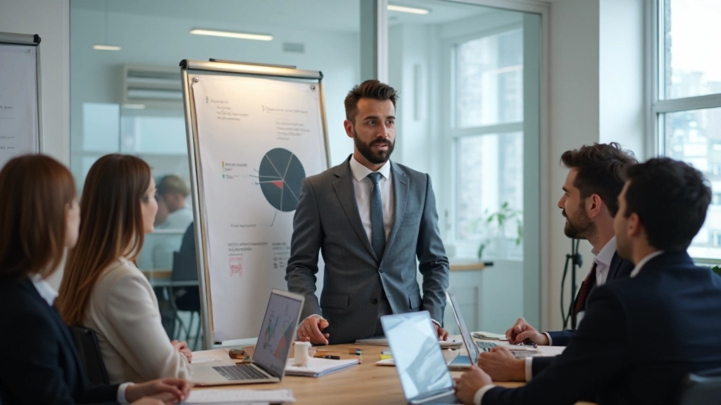 Professionell ledare presenterar strategi till sitt team i ett modernt konferensrum