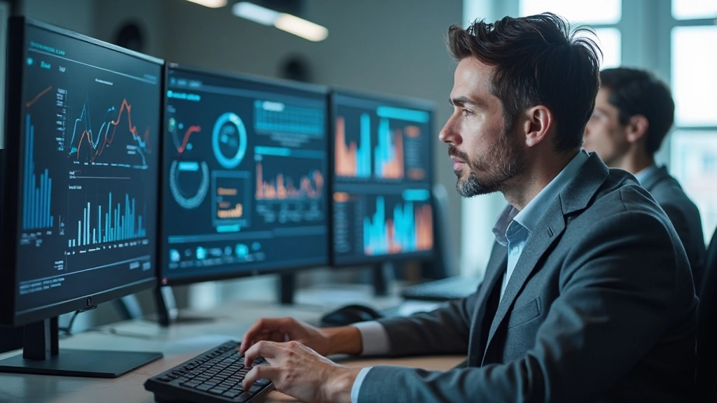 Data analyst arbetande med visualisering på dual monitors i en modern teknikkontor miljö