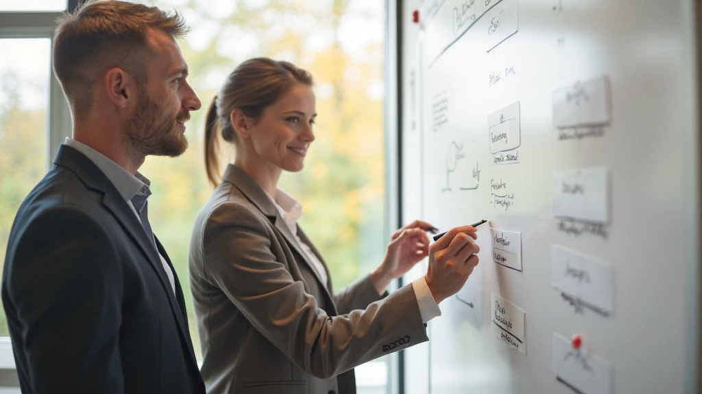 Agilt team som samarbetar i ett modernt kontor med whiteboard och klistermärken