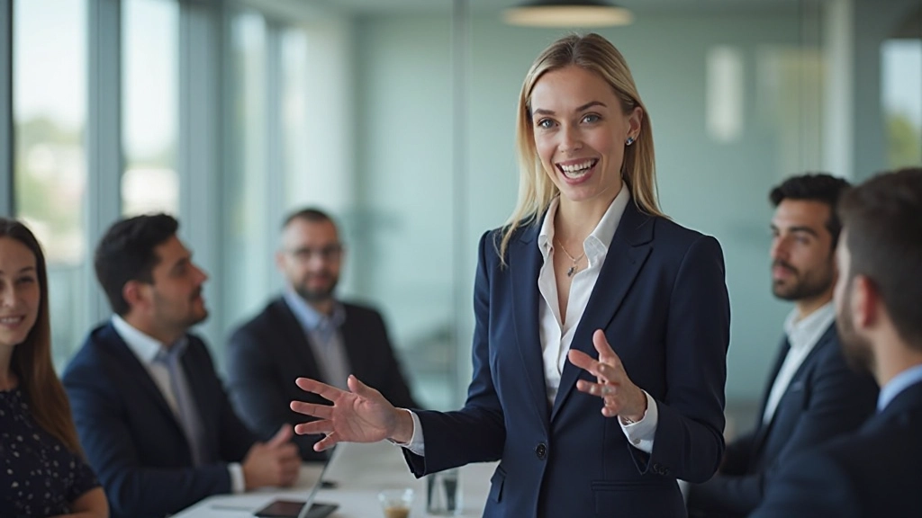 Ledare som inspirerar sitt team under ett möte i modernt konferensrum