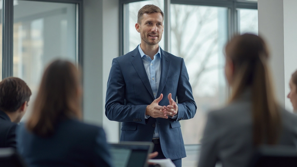 Ledare som inspirerar sitt team i ett modernt konferensrum