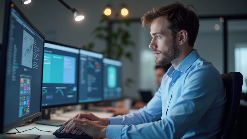 Teknikprofessional som arbetar med digitala lösningar på en modern arbetsstation