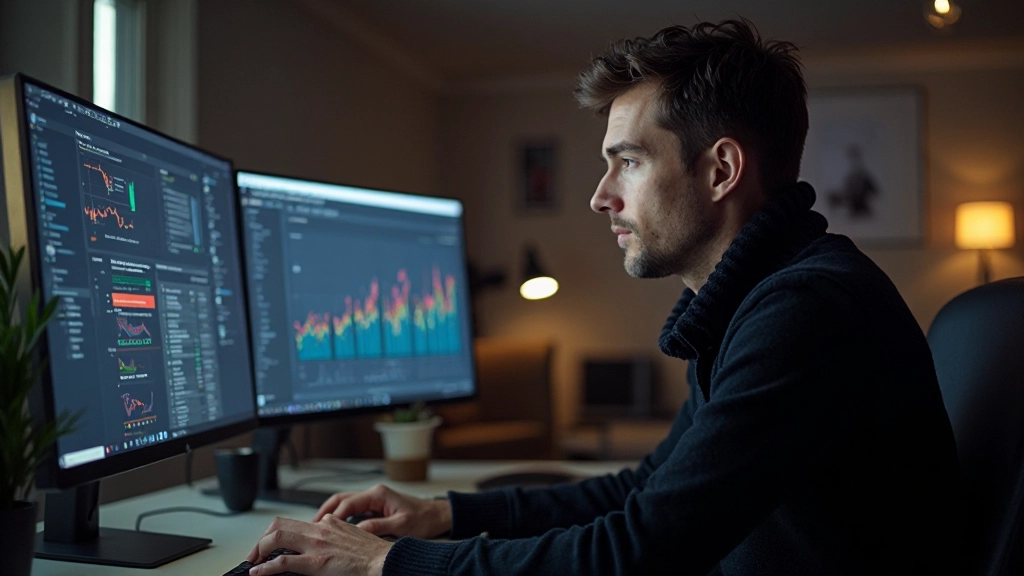 Data analyst arbetande med visualisering på dual monitors i en modern teknikkontor miljö