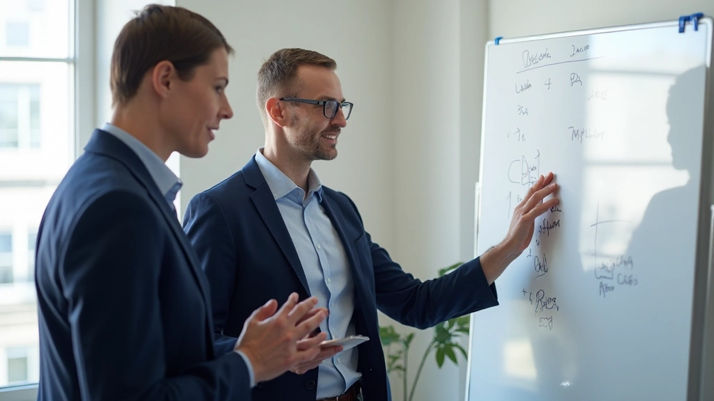 Professionell business-ledarskap training i modernt konferensrum med två ledare som diskuterar strategi