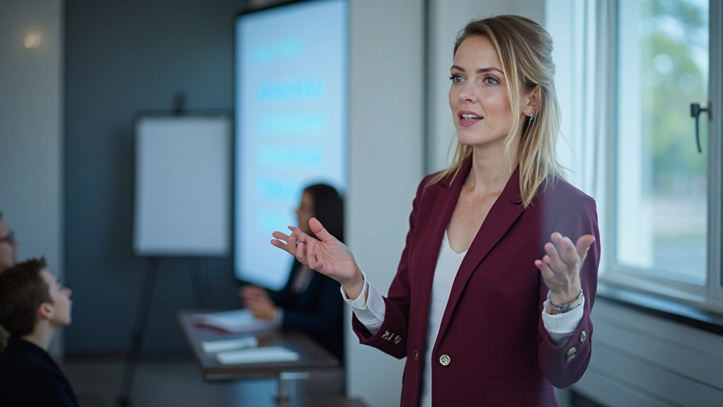Professionell woman presenting digitala innovationskoncept på stor display skärm till sitt team
